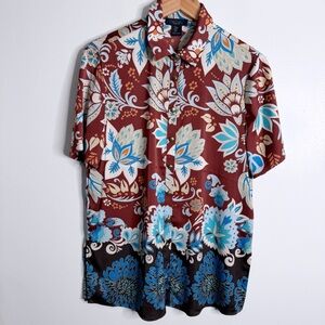 Rachel Roy Short Sleeve‎ Button Up Blouse Silky Floral Paisley Multicolor Medium
